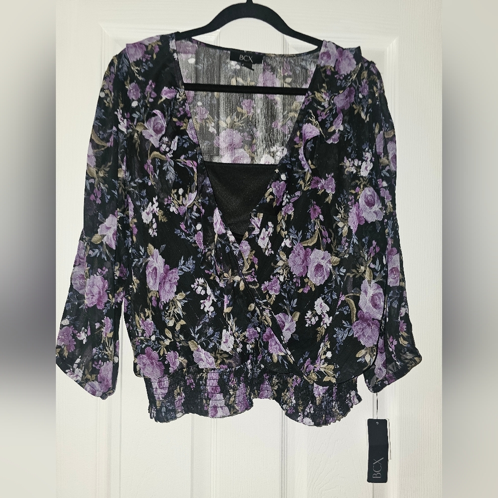 BCX Women's Floral Black and Purple Top XL